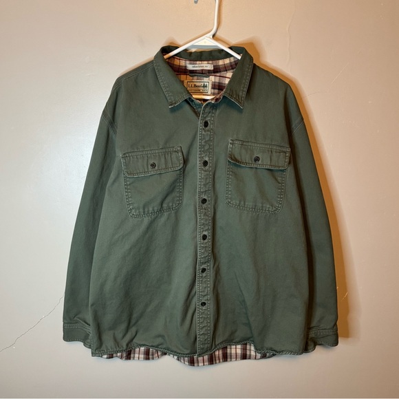 LL Bean Flannel-Lined Hurricane Shirt Jacket Shacket Men's XL Button Olive Green - Picture 1 of 11